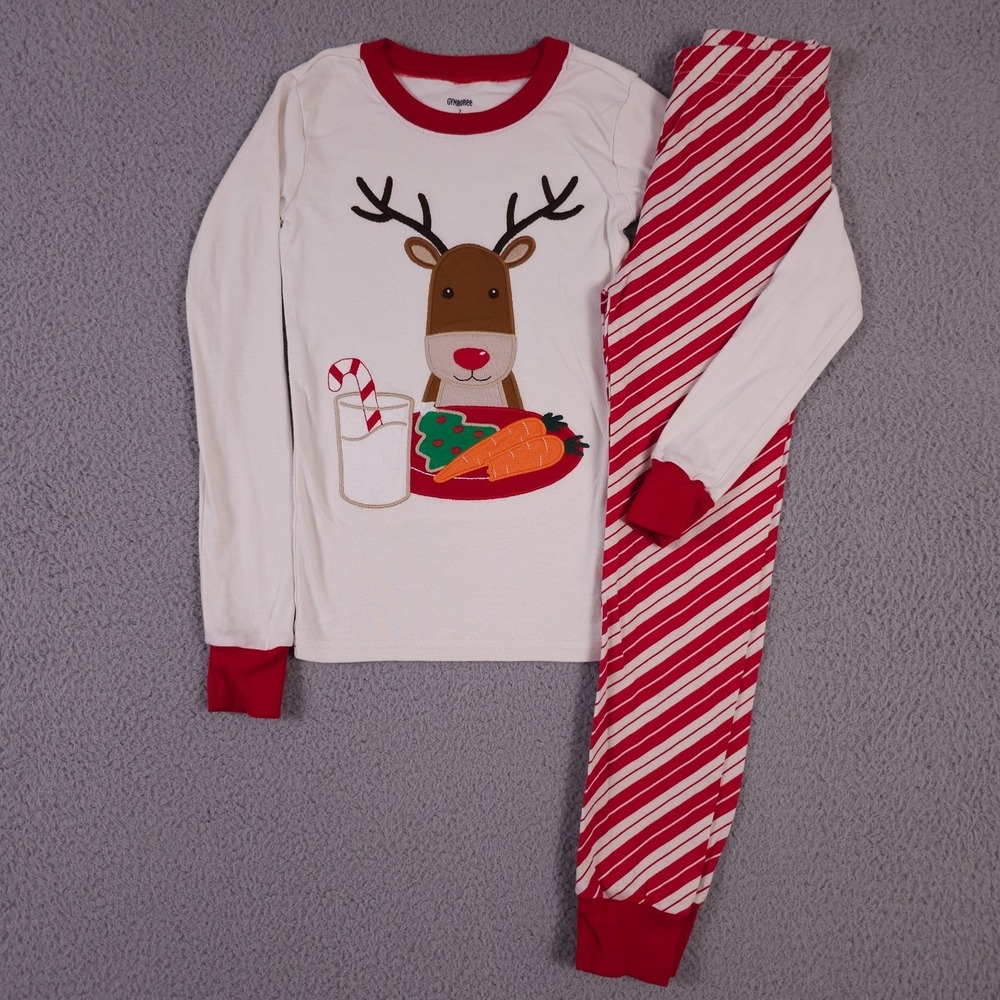 Gymboree Christmas Pajama Set Boy 7 Red Striped Embroidered Reindeer Gymmies PJs